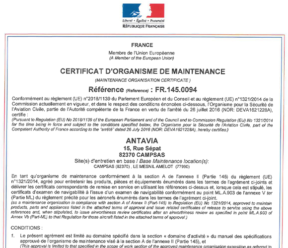 Antavia EASA Certificate